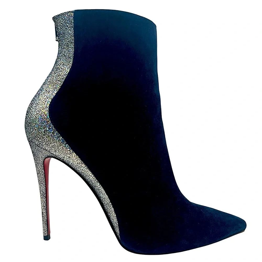 CHRISTIAN LOUBOUTIN Delicotte 100 Ankle Boots Navy Suede/Silver 38.5EU 8.5US